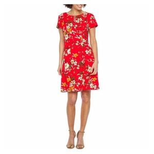 Red Floral Fit to Flare Dress O ring neckline